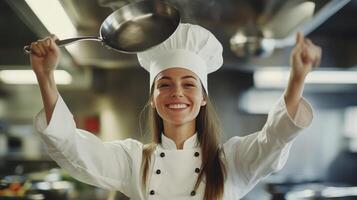 Young Chef Celebrating Success in Professional Kitchen With Pan Stirring and Big Smile photo