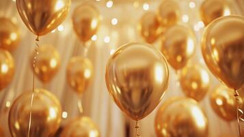 Festive Celebration With Golden Balloons Hanging in a Brightly Lit Venue During an Elegant Evening Gathering photo