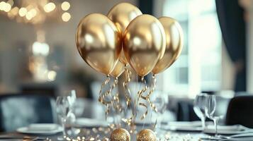 Elegant Golden Balloons Decorate a Festive Table Setting for a Celebration Event photo