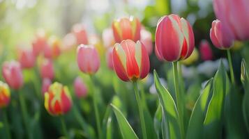Colorful Tulips Blooming in a Lush Garden During Spring Sunshine photo