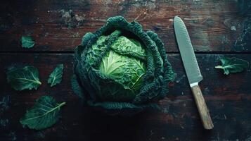 Fresh Cabbage With Realistic Green Leaves And A Knife On Rustic Wooden Table photo