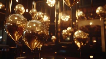 Elegant Golden Balloons Decorate Luxurious Venue for Evening Celebration With Ambient Lighting photo