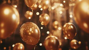 Elegant Golden Balloons Floating Amidst Softly Glowing Lights at a Festive Celebration Event photo
