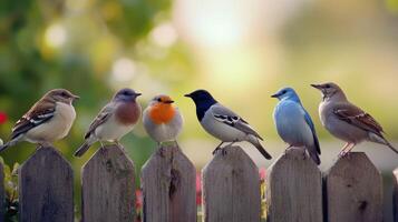 Colorful Birds Perched on a Wooden Fence in a Serene Garden During a Sunny Afternoon photo