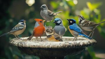 Colorful Birds Gathering Around a Stone Birdbath in a Lush Garden During Early Morning photo