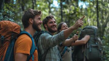 Group of Friends Hiking Through Lush Forest Smiling and Pointing at Scenic View in Bright Daylight photo