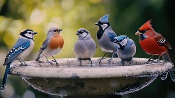 Colorful Birds Taking a Refreshing Bath at a Backyard Birdbath During a Sunny Afternoon photo