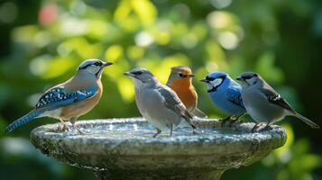 Five Colorful Birds Gather Around A Birdbath In A Lush Garden During A Sunny Afternoon photo