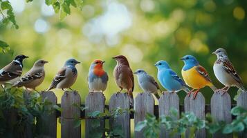 Colorful Birds Perched on a Wooden Fence Against a Lush Green Background During Early Morning Light photo