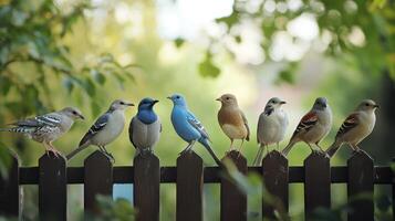 Colorful Birds Perched On A Wooden Fence In A Lush Garden During Late Afternoon Light photo