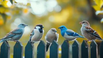 Colorful Birds Perched on a Wooden Fence Surrounded by Greenery in Bright Afternoon Sunshine photo