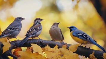 Colorful Birds Gathering on a Branch Amidst Autumn Leaves in a Natural Setting photo
