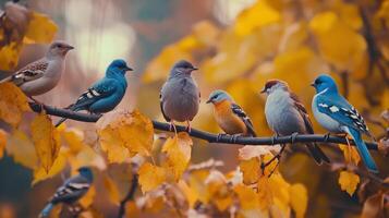 A Colorful Gathering of Birds on a Branch Surrounded by Vibrant Autumn Leaves in Nature photo