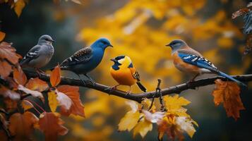 Colorful Birds Perched on a Branch Surrounded by Vibrant Autumn Leaves at Dusk photo