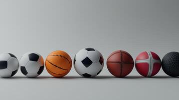 Various Sports Balls Arranged Neatly in a Row on a Simple Background photo