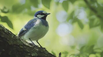 Blue Jay Perched on a Tree Branch Among Green Leaves in Bright Natural Light photo