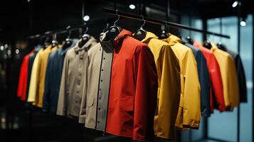 Colorful Rain Jackets Hanging On Display Racks In A Modern Retail Shop photo