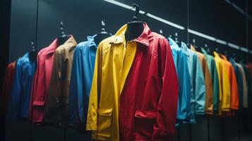 Display of Colorful Raincoats on Hangers Inside a Modern Clothing Store photo
