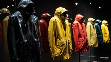 Gallery Display of Colorful Raincoats in Various Shades Showcasing Fashion Design Trends During Contemporary Art Exhibition photo