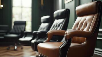 Elegant Office Chairs in a Cozy Workspace With Rich Green Walls at Afternoon Light photo