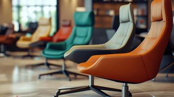 Modern Design Showroom Featuring Colorful Lounge Chairs in a Bright Open Space photo