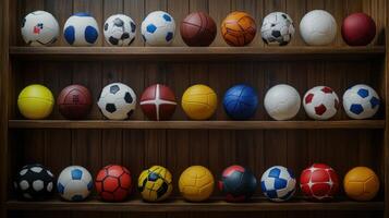 A Colorful Display of Various Sports Balls on Wooden Shelves in a Gym photo