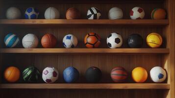 Collection of Various Sports Balls Displayed on a Wooden Shelf in Bright Natural Light photo