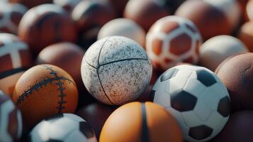 A Diverse Collection of Various Sports Balls Gathered Together on a Bright, Sunny Day in a Colorful Play Area photo
