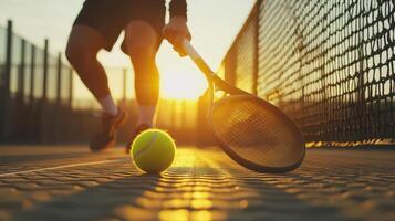 Sunset Tennis Practice With Player Hitting Ball On Court Near Fencing photo