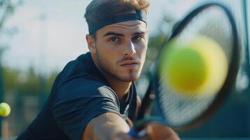 Young Man Playing Tennis on Outdoor Court With Focused Expression During Sunny Afternoon photo