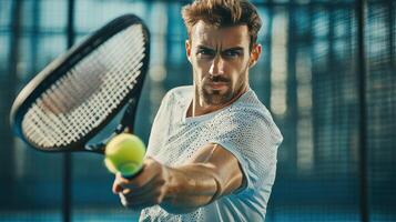 Athlete Practicing Tennis Serve on Outdoor Court in Bright Afternoon Light photo