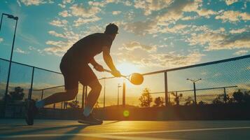 Silhouetted Tennis Player Practicing Under Sunset Sky On Outdoor Court photo