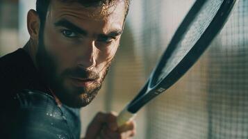 Focused Male Tennis Player Practicing Swing Technique at Outdoor Court During Sunny Afternoon photo
