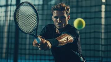 Male Tennis Player Hitting a Forehand Shot Inside Indoor Court During Competitive Match photo