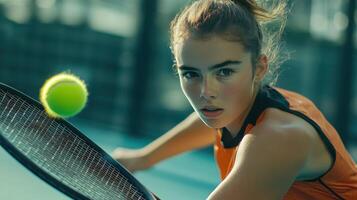 Young Female Tennis Player Focused on Returning a Fastball During a Daytime Match photo