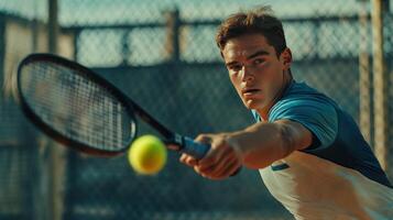 Athlete Hitting a Yellow Tennis Ball on Outdoor Court During Late Afternoon Practice Session photo
