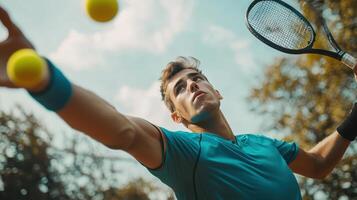Young Athlete Performs Powerful Serve on Outdoor Tennis Court in Sunny Weather photo