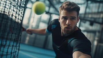 Dynamic Tennis Player Focused on Hitting a Powerful Forehand During Indoor Match at Modern Sports Facility photo