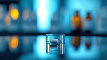 Close-Up of a Single White Capsule in a Transparent Dish Against a Blue Background With Medicine Bottles photo