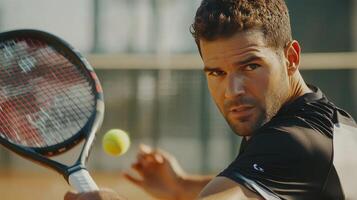 Young Male Tennis Player Preparing to Serve on Outdoor Court During Afternoon Practice Session photo