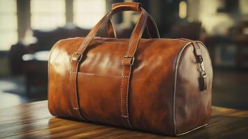 A Stylish Brown Leather Bag Resting on a Wooden Table in a Cozy Interior During Daylight photo