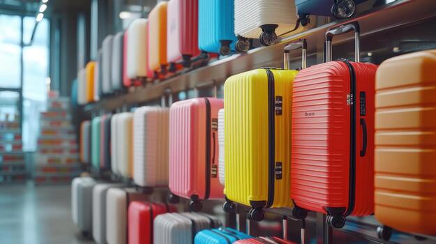 Colorful Suitcases Displayed on Rack at Retail Store in Brightly Lit Space photo