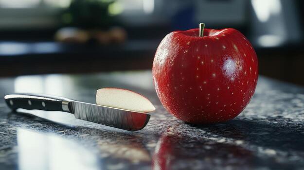 Fresh Red Apple Sliced on Countertop With Sharp Knife in Bright Kitchen Morning Light photo