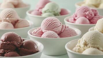Colorful Variety of Ice Cream in Bowls Displayed on Light Background photo