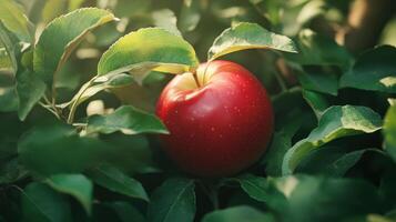 Ripe Red Apple Nestled Among Lush Green Leaves in a Vibrant Orchard During Sunlit Afternoon photo