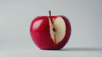 Close-Up Display of a Fresh Red Apple Splitted Open Showing Juicy Interior With Water Drops on a Light Background photo