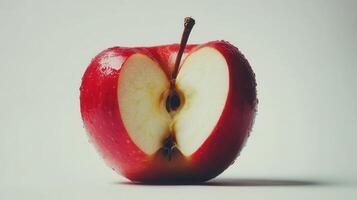 Red Apple Cut In Half Revealing Juicy White Flesh With A Glint of Freshness On A Light Surface photo