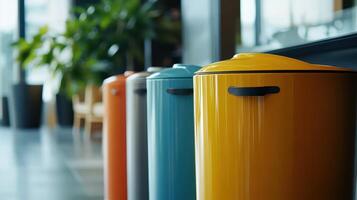 Colorful Waste Bins Line Up in a Modern Office Lobby During Daylight Hours photo