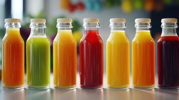 Colorful Assortment of Fresh Juices Displayed on a Table in a Brightly Lit Cafe photo