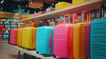 Vibrant Collection of Colorful Suitcases Displayed in a Modern Luggage Store Interior photo